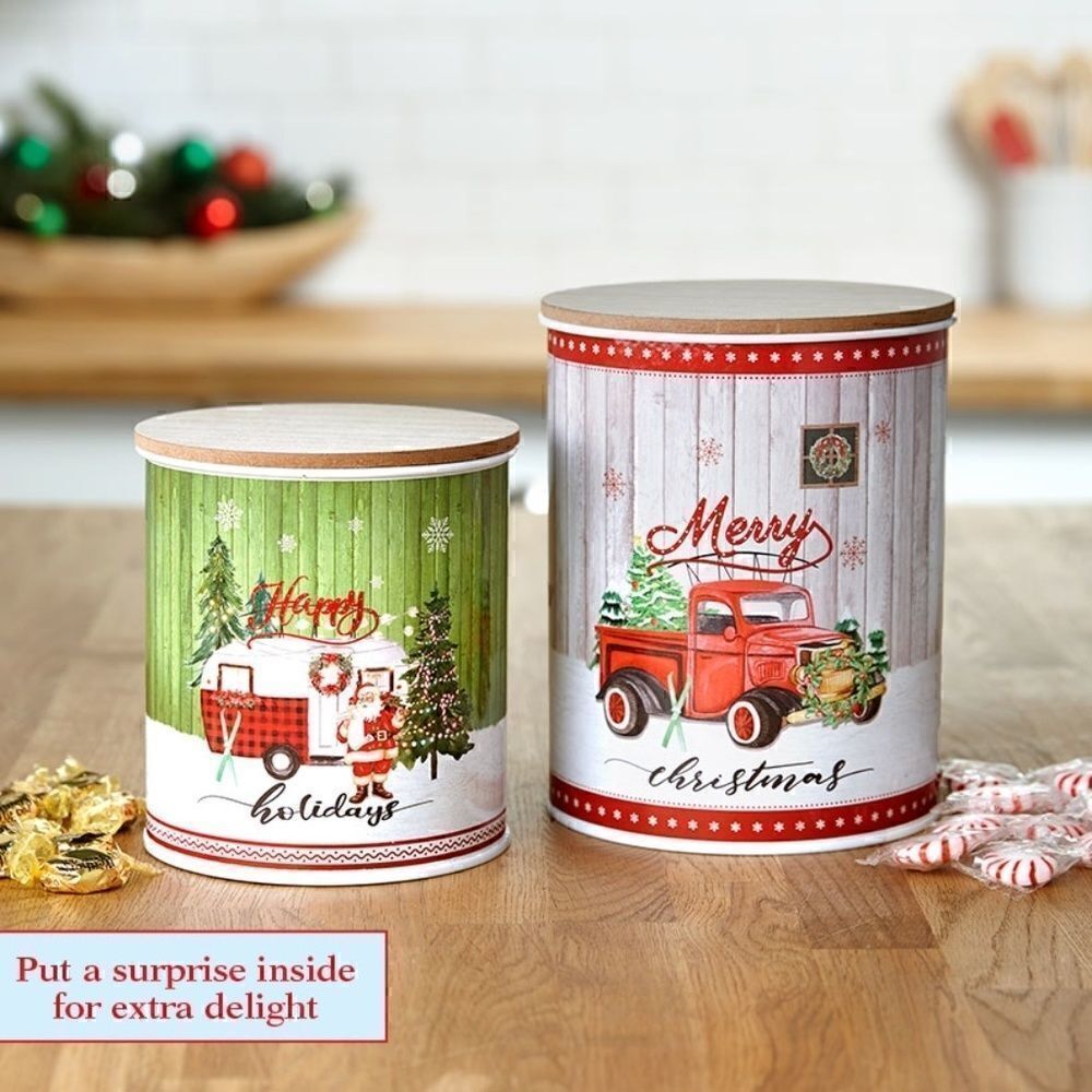 Christmas Canisters with Lids Set Holiday Red Truck Camper